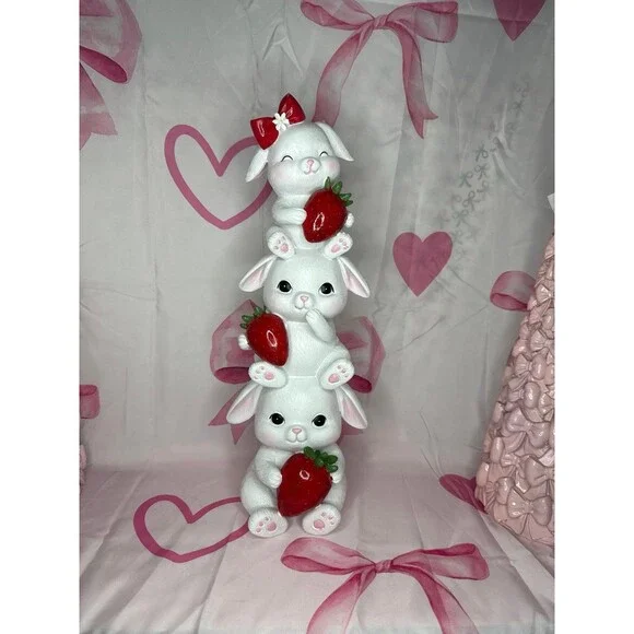 Easter Stacked Bunnies Holding Strawberries Decor - Picture 1 of 7
